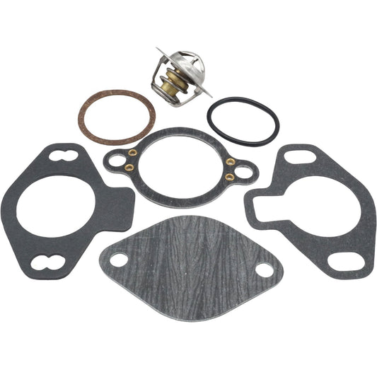photo of JLM Marine thermostat repair kit for Mercruiser sterndrive motors, including a stainless steel thermostat with brass component, round brown gasket, black die-cut gaskets with holes, and a black o-ring