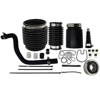 photo of JLM Marine transom bellows kit with gimbal bearing for Mercruiser Bravo 1 2 3 and Blackhawk stern drive 30-803100t1, showing pleated black rubber boots, rubber hose, white plastic inserts, black rubber grommet, various black rubber gaskets and O-rings, silver metal hose clamps, black metal rod, bearing assembly, and small metal clips