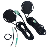 photo of JLM Marine trim sender limit kit 805320a03, two black circular discs with silver screws and oval cutouts, black wires with clear spade connectors, and visible text YS G805320403