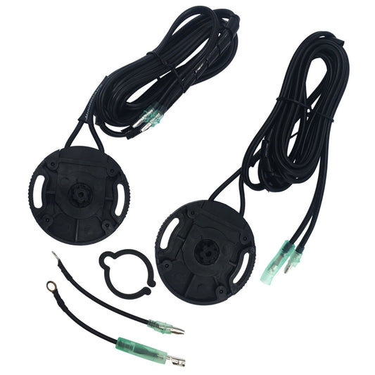 photo of JLM Marine trim sender limit kit kit for mercruiser stern drives 805320a03 showing two textured black discs with central openings and oval cutouts, each wired with green-tipped spade connectors