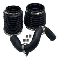 JLM Marine u-joint and exhaust bellows kit, black rubber pleated bellows with metal clamps, featuring black curved hose with clamps and metal clips