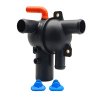 jlm marine water drain distribution housing black plastic with three main hose ports two smaller side ports downward port and two mounting tabs