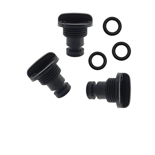 photo of jlm marine water flush plug kit 17913-99e12 for suzuki 4-stroke df 25-140 hp compatible with three ribbed cylindrical plugs and three black o-rings