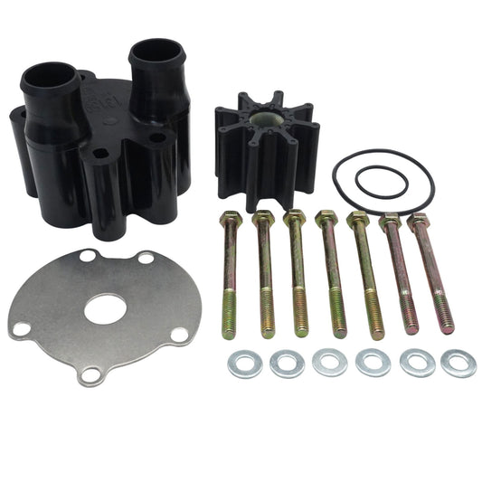 photo of JLM Marine water pump impeller kit 46-807151a14 with black housing and impeller, metal plate, and bolts