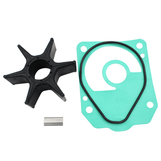 photo of jlm marine water pump impeller kit for honda 175-250 hp including six-bladed black rubber impeller with angled blades and central hub, teal gasket with crescent cutout and integrated black o-ring, and silver hex pin