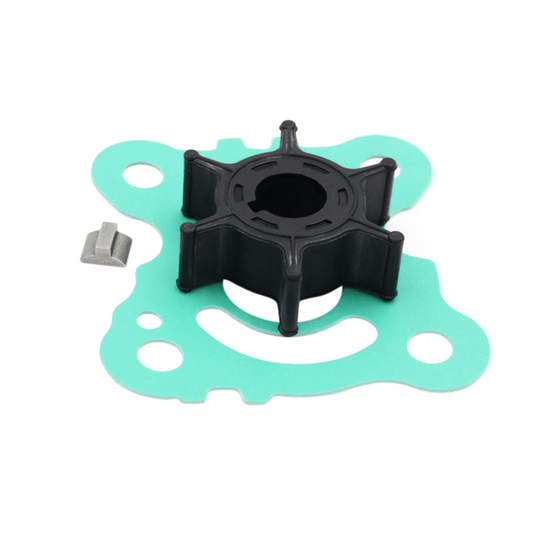 photo of jlm marine water pump impeller kit 06192-zw9-000 with black 6-vane rubber impeller, silver drive key, and light green gasket
