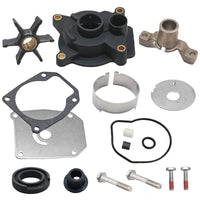 photo jlm marine water pump impeller kit for johnson evinrude 35-60 hp 439077 includes multi-vaned black impeller brass bushing black plastic housing with mounting holes silver metal bracket grey gasket silver metal plate metal band rubber seals
