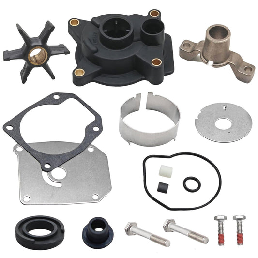 photo jlm marine water pump impeller kit for johnson evinrude 35-60 hp 439077 includes multi-vaned black impeller brass bushing black plastic housing with mounting holes silver metal bracket grey gasket silver metal plate metal band rubber seals
