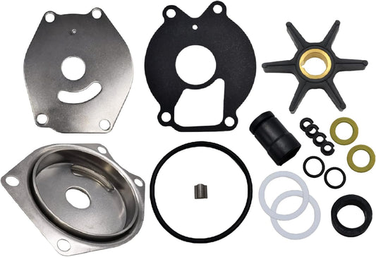 JLM Marine water pump impeller kit for Mercury 2-str 15-25 hp 4-str 9.9-15 hp 99157t2, photo of brass hub impeller with six black rubber blades, silver metal mounting plate with holes, black gasket, stainless steel housing cup, O-rings, and washers