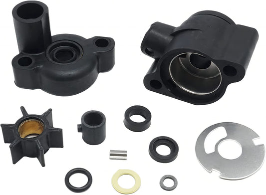 photo of JLM Marine water pump impeller kit for Mercury 4-9.8 hp, including two black housing components, a black impeller with brass inserts, assorted black seals and gaskets, a metal pin, and a metallic washer
