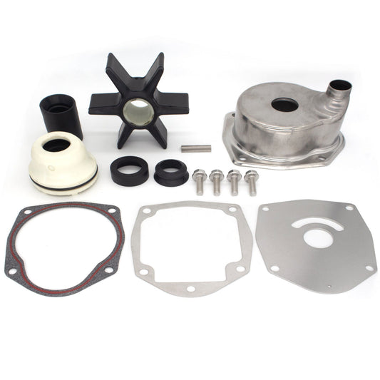 photo of jlm marine water pump impeller kit 8m0094529 with six-blade black impeller, white conical liner, stainless steel housing, and assorted gaskets
