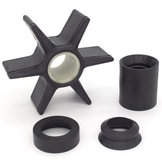 photo of JLM Marine water pump impeller kit 8m0094529 six-bladed black rubber impeller with metal bushing flexible components against white background