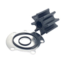 photo of JLM Marine water pump impeller kit 47-593621 with metallic plate and black rubber impeller with eight vanes