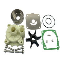 photo of JLM Marine water pump impeller kit 6g5-w0078-00 for yamaha 150-225hp, including black star-shaped impeller with six blades, cream plastic housing with ports and mounting holes, metal cup, metal plate with half-circle cutout, black rubber gasket, green u-shaped gasket, silver bolts, and three metallic pins
