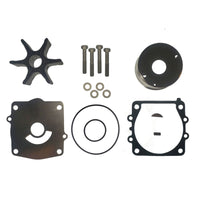 photo of jlm marine water pump impeller kit for yamaha 150hp 225hp v6 6g5-w0078 featuring black six-blade rubber impeller, bolts, washers, metal plate, and gaskets