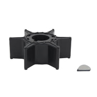 photo of JLM Marine water pump impeller, black rubber with seven vanes, and silver metal key for Yamaha 20-25hp 6l2-44352-00
