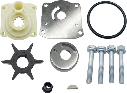 photo yamaha 25-30 hp 61n-w0078 water pump impeller kit with black impeller, plastic housing, metal plate, o-ring, washer, bolts, sleeve, and key
