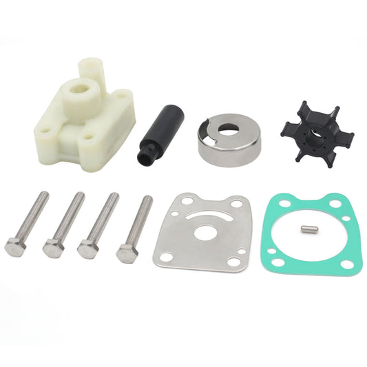 photo of jlm marine water pump impeller kit for yamaha 4hp 5hp, six-bladed black impeller with central hub, beige plastic base with raised cylinders, shiny metal cutout piece, crescent-shaped metal plate, silver bolts, and green gasket with holes and central pin