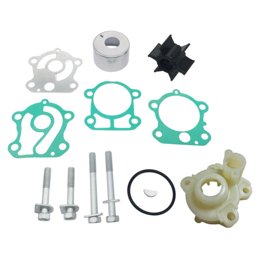 photo of jlm marine water pump impeller kit for yamaha 75-90hp part 692-w0078-00 including black rubber impeller metal gasket green gaskets bolts o-ring and plastic water pump housing