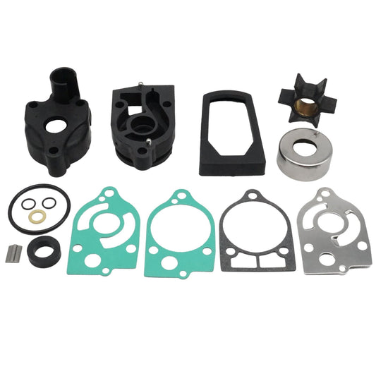 photo of jlm marine water pump impeller kit with housing for mercury 30-60 hp, includes black rubber impeller, metal cup, gaskets, and black plastic housing
