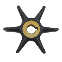 photo of JLM Marine water pump impeller 277181 434424 for Evinrude Johnson OMC 3-7.5hp, black six-blade rubber impeller with brass hub and keyway