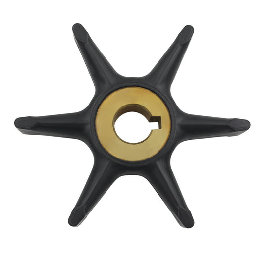 photo of JLM Marine water pump impeller 277181 434424 for Evinrude Johnson OMC 3-7.5hp, black six-blade rubber impeller with brass hub and keyway