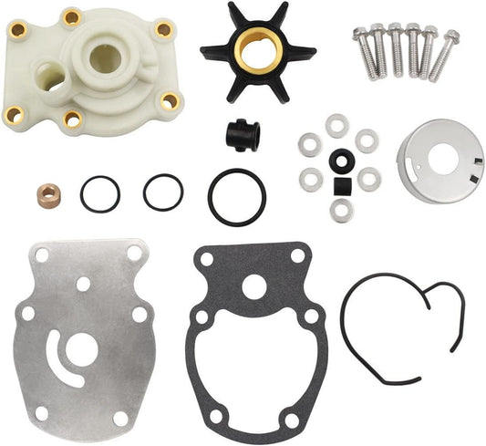 photo water pump impeller kit for johnson evinrude 20 25 30 35 hp 393630 black rubber impeller six vanes brass hub white plastic housing silver bolts black gasket