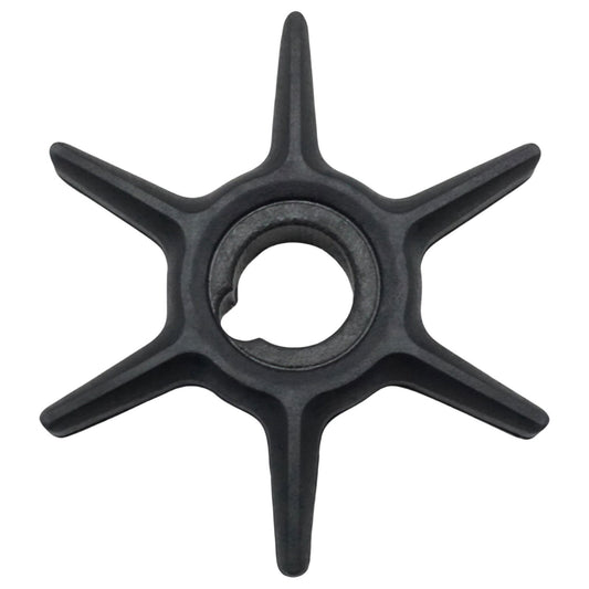 photo, jlm marine water pump impeller kit 47-42038-2 mercury 6-15 hp, black six-pointed rubber impeller with rounded tips and central keyed opening