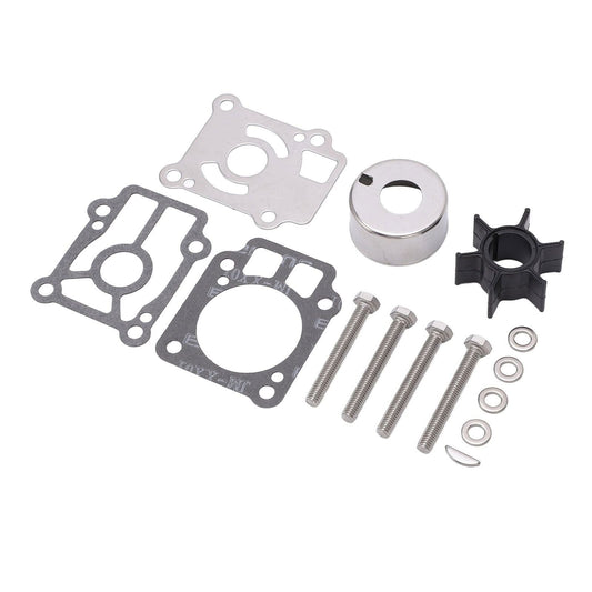 photo of jlm marine water pump repair kit for tohatsu nissan 25-40 hp, clockwise from top left: metallic gasket with holes, black six-vaned impeller, metal retainer with slot, four silver bolts, and dark grey gasket marked jm-xau