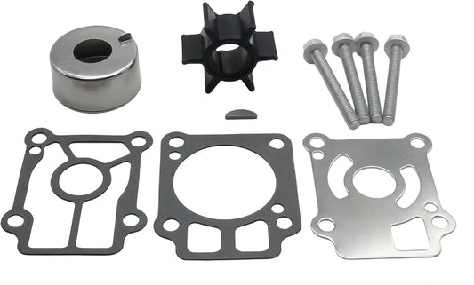 photo of JLM Marine outboard water pump repair kit for Tohatsu Nissan 25-40 hp 361873220 showing impeller, housing, bolts, key, and multiple gaskets including one round metal gasket