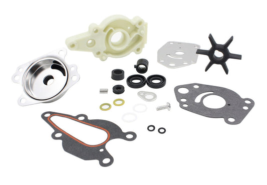 photo of JLM Marine water pump repair kit for mercury 6 8 9 9 15 hp 46-42089a5 showing black 6-vane impeller cream plastic housing silver wear plate stainless steel seal plate black and red gasket and seals