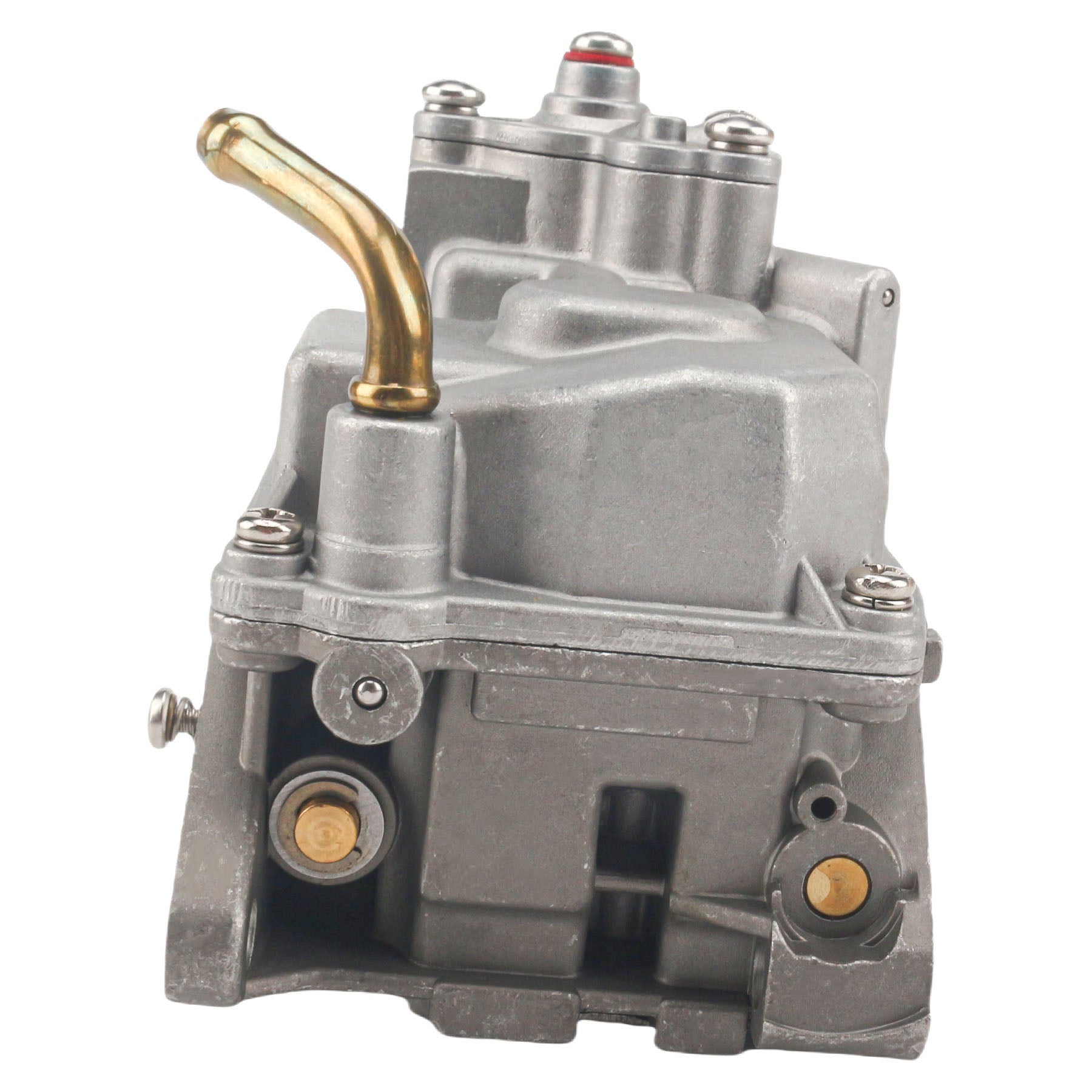photo of JLM Marine carburetor for Tohatsu Nissan NSF 9.8hp 3DP031000, gray metal with brass fittings and silver screws