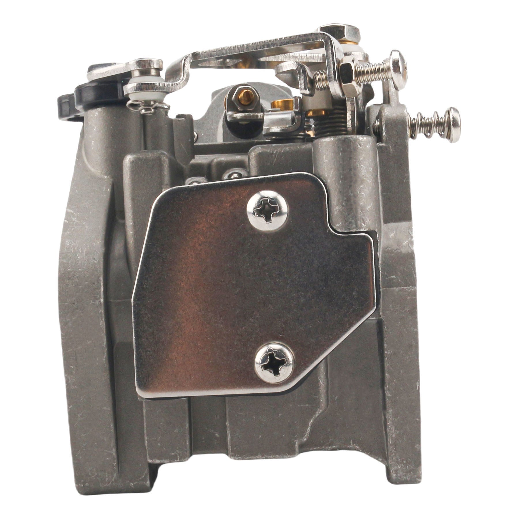 photo of jlm marine carburetor 3dp-03100-0 for tohatsu nissan mfs nsf 9 8hp with grey metal body and silver linkages