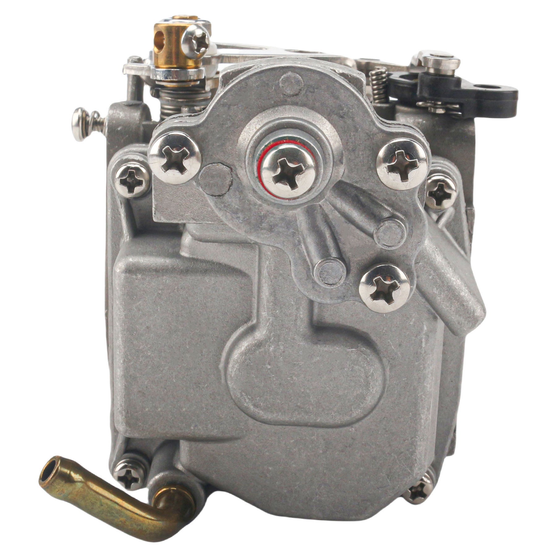 photo of JLM Marine carburetor for Tohatsu Nissan MFS NSF 9.8hp 3DP-03100-0, silver-toned metal, with brass fitting, screws, and top mechanism