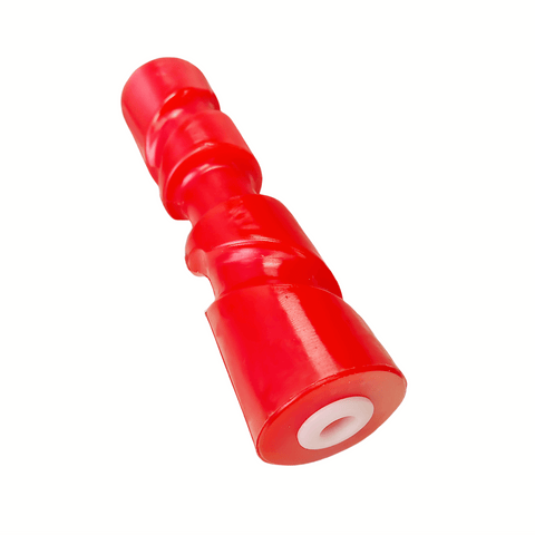 photo of jlm marine 12-inch self-centering keel roller, red, flexible material, flared end with white plastic insert with center hole