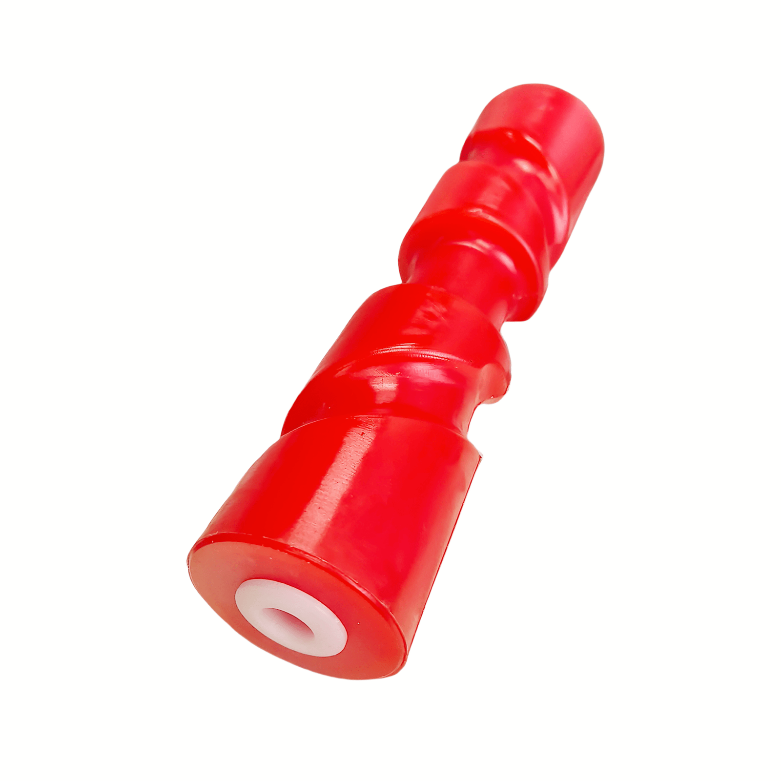 photo of JLM Marine spiral keel roller for 5/8 inch shaft, red, angled view, showing ribbed texture and flat circular end