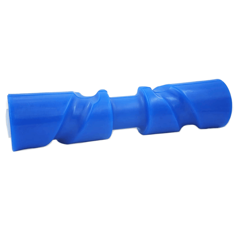 photo of 12-inch self-centering keel roller red by 5-8-inch shaft with textured spiral surface and two contoured sections