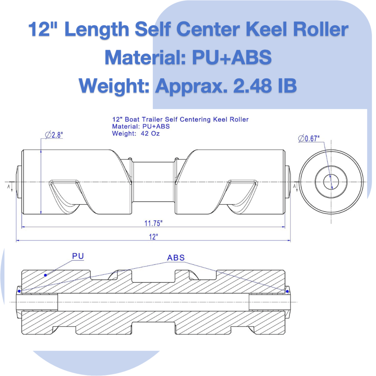 photo 12-inch self-centering keel roller red pu abs construction 12 length pu abs material 2.8 inch diameter 0.67 inch shaft diameter jlm marine