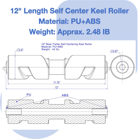photo 12-inch self-centering keel roller red pu abs construction 12 length pu abs material 2.8 inch diameter 0.67 inch shaft diameter jlm marine