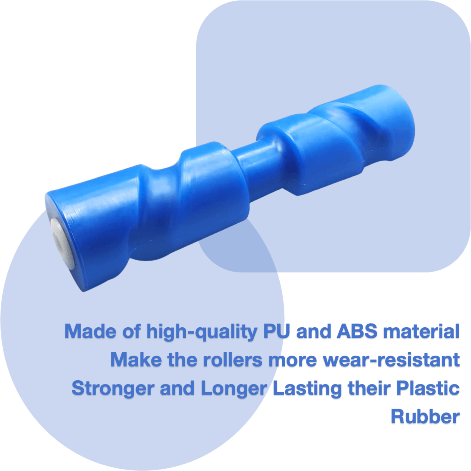 photo 12-inch self-centering keel roller red JLM Marine blue PU ABS spiral ribbed tapered 5/8 inch shaft