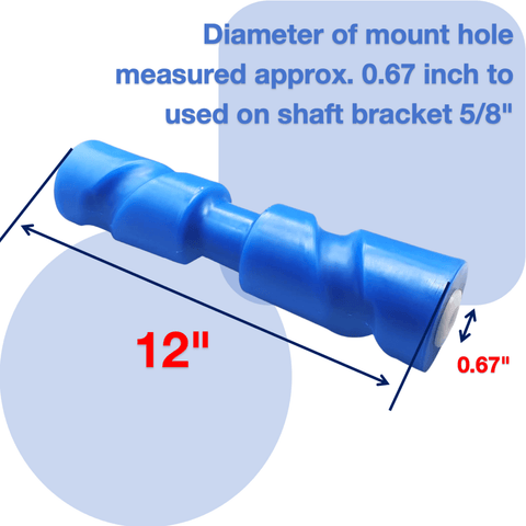 photo of 12 inch self centering keel roller red by 5/8 inch shaft jlm marine with spiral groove and diameter of mount hole measured approx 0.67 inch