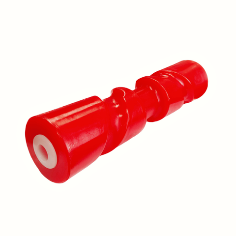 photo of jlm marine 12-inch self-centering keel roller, red, cylindrical with spiral texture, white circular insert on left end