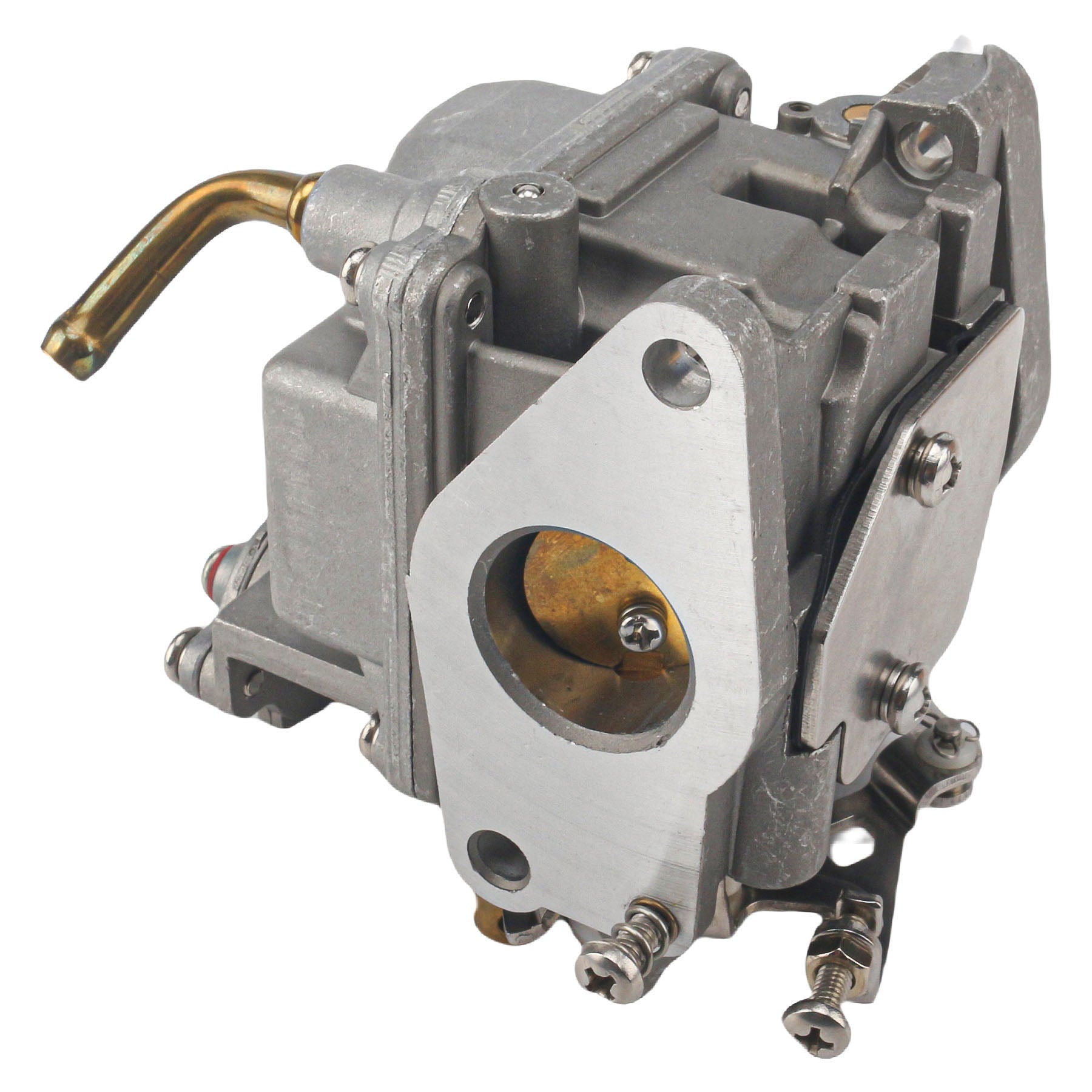 close-up photo of JLM Marine carburetor for Tohatsu Nissan MFS NSF 9.8hp 3DP-03100-0, grey metal body with brass fuel inlet tube and mounting flange showing bolt holes