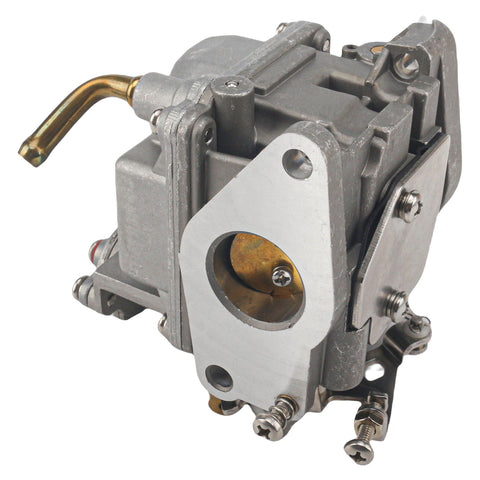 close-up photo of JLM Marine carburetor for Tohatsu Nissan MFS NSF 9.8hp 3DP-03100-0, grey metal body with brass fuel inlet tube and mounting flange showing bolt holes