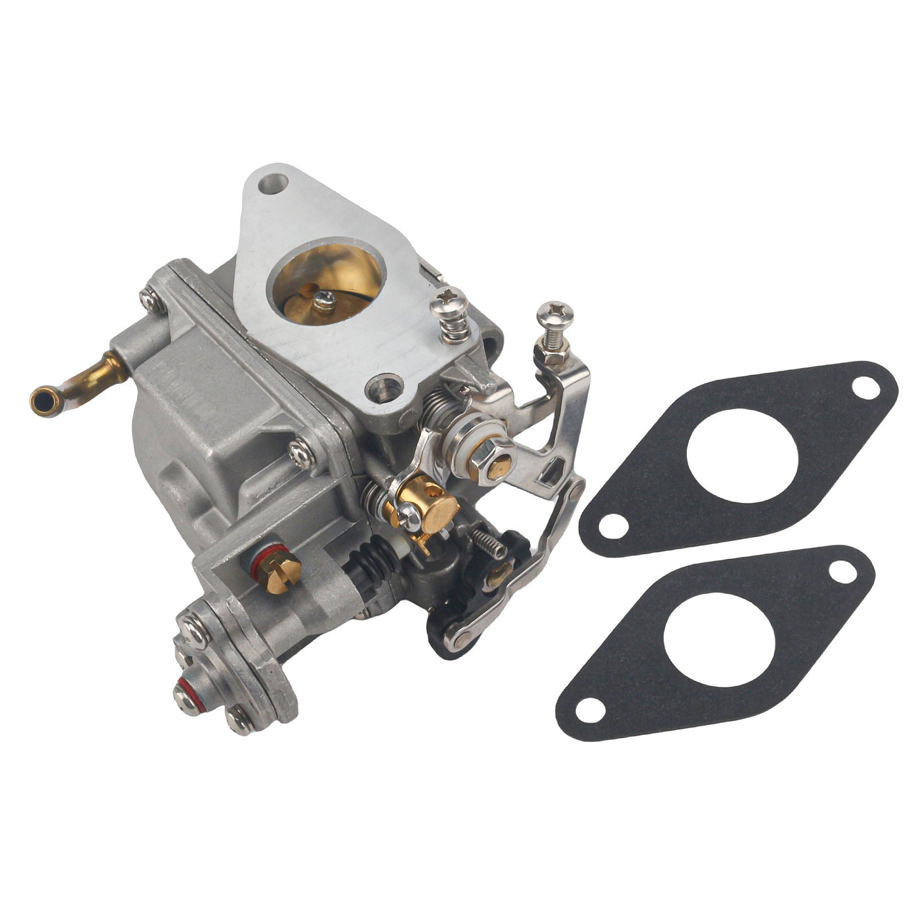 carburetor for tohatsu nissan mfs nsf 9.8hp 3dp-03100-0 silver metal carburetor with brass components, mounting flange and two black gaskets
