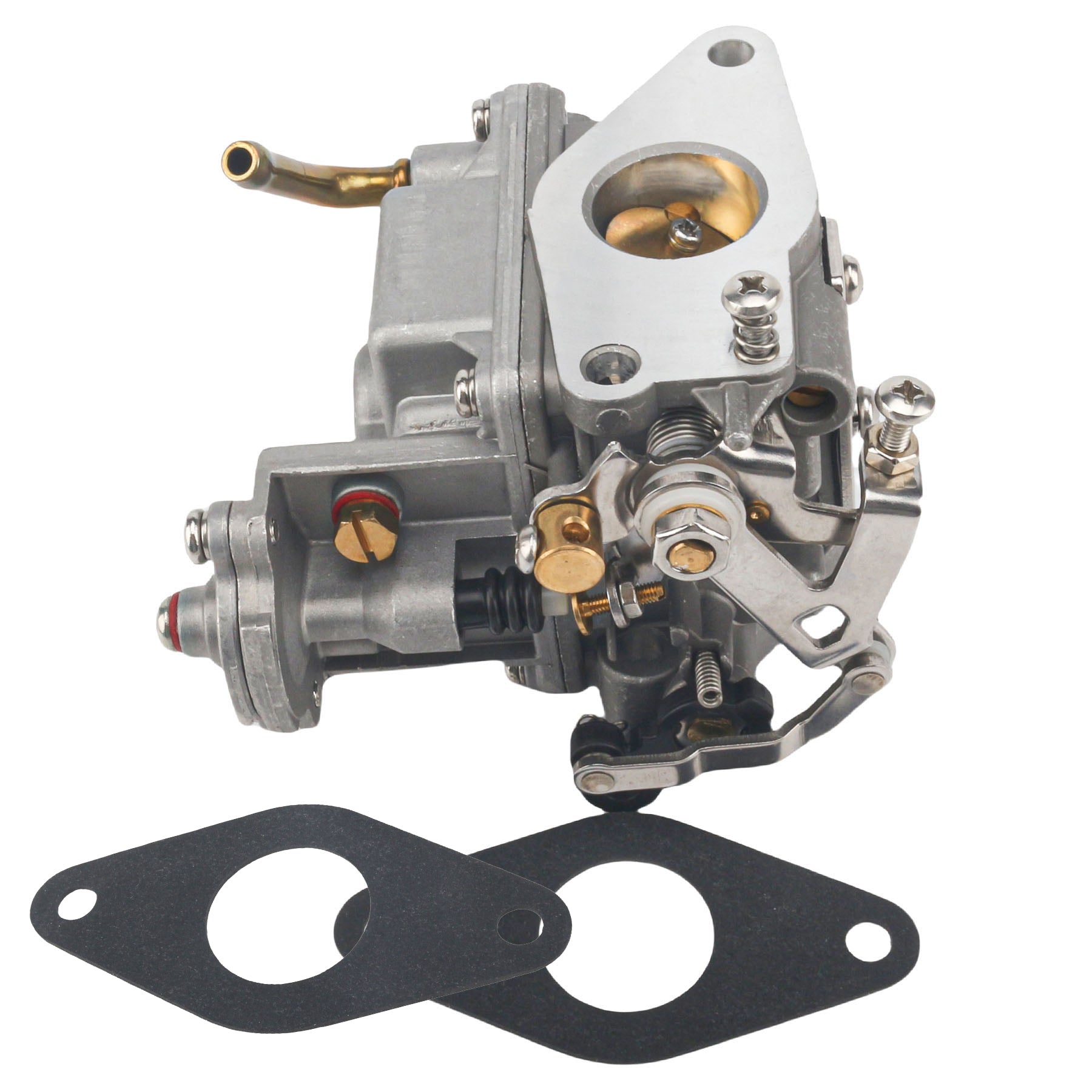 photo of JLM Marine carburetor for Tohatsu Nissan MFS NSF 9.8hp 3D0-03100-0, silver metal with brass fittings, bent brass tube, two black gasket plates with double holes