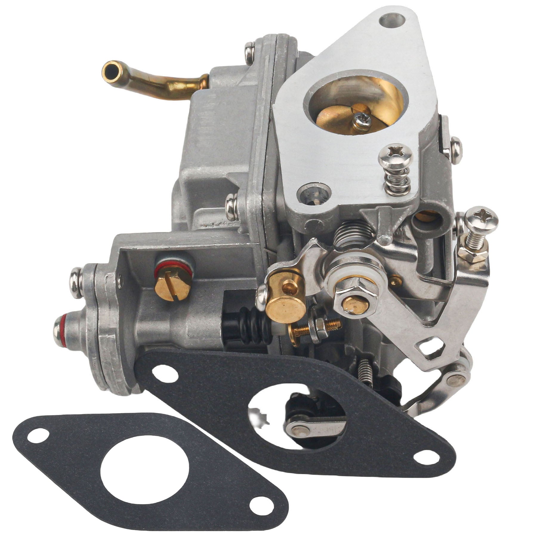 photo of jlm marine carburetor for tohatsu nissan mfs nsf 9.8hp 3dp-03100-0 with brass fuel inlet, throttle levers, and two brass adjusting screws with red seals
