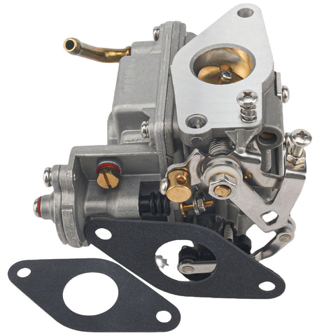 photo of jlm marine carburetor for tohatsu nissan mfs nsf 9.8hp 3dp-03100-0 with brass fuel inlet, throttle levers, and two brass adjusting screws with red seals