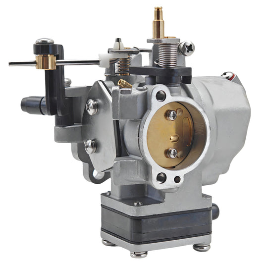 close-up photo of jlm marine carburetor for yamaha 9.9hp 15hp 684-14301-18-34609, silver gray metal body with brass and black plastic parts, linkage, springs, fuel mixture screw, and mounting holes