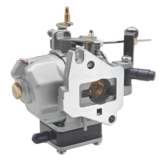 close-up photo of jlm marine carburetor 684-14301-18 for yamaha 9.9hp 15hp with silver metal body brass fuel inlet black base and linkage assembly